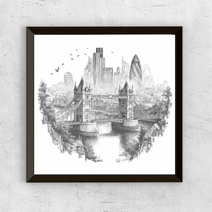 May include: Black framed art print depicting Tower Bridge in London, rendered in pen and ink. The monochrome artwork shows the bridge, city buildings, the River Thames, and birds. The image is a detailed illustration.