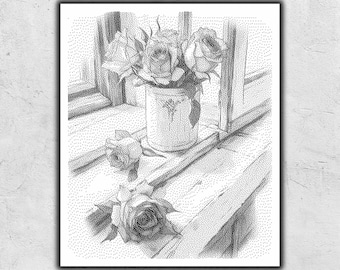 Roses Monochrome Cross Stitch Design One Color Pattern Digital PDF Instant Download