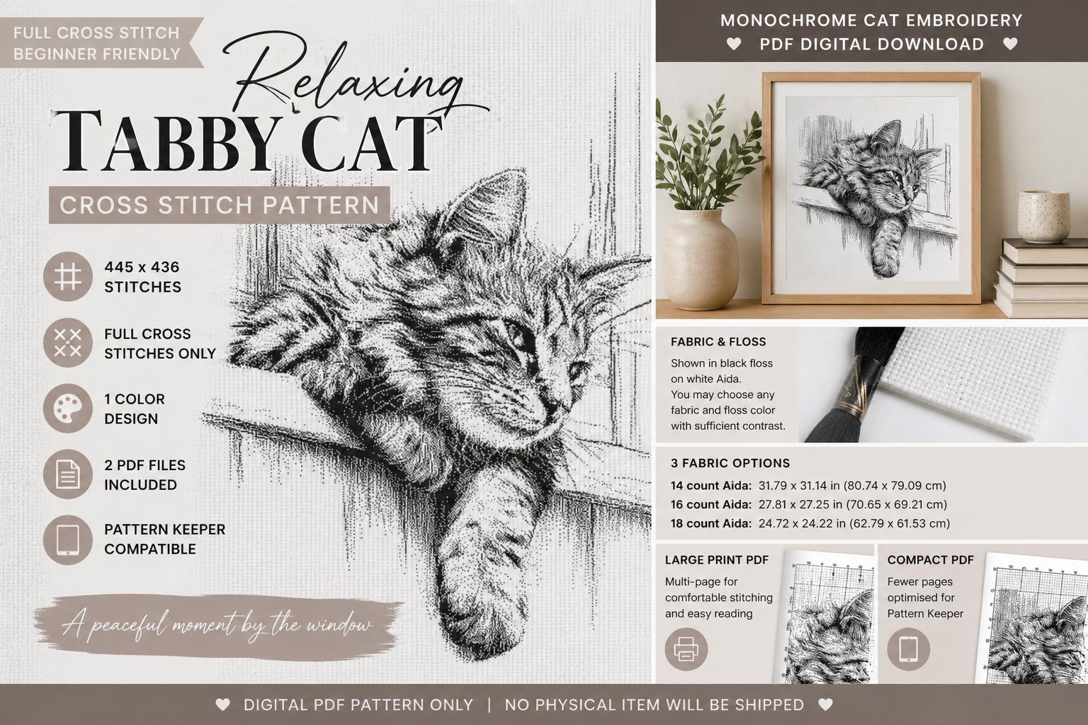 Tabby Cat Cross Stitch Pattern PDF, Monochrome Cat Embroidery, Relaxing ...