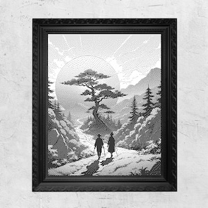 以下が含まれることがあります： 黒と白の額入りアートプリント。2人の人物が小道を歩く穏やかな風景を描いています。このアートワークは、大きな太陽、山、木、川を特徴とし、すべて詳細なドットパターンで表現されています。