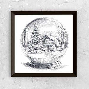 Op de afbeelding: Zwart-wit illustratie van een sneeuwbol met een huisje in een winterlandschap. Het huisje heeft een schoorsteen en een veranda, omringd door bomen en een hoge den. Het kunstwerk is ingelijst in een zwarte vierkant.