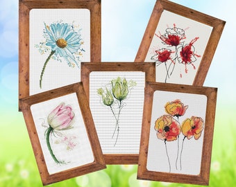 May include: Five framed cross-stitch embroidery designs featuring various flowers. The designs include a blue daisy, a pink tulip, a green bud, and two red and orange poppies.