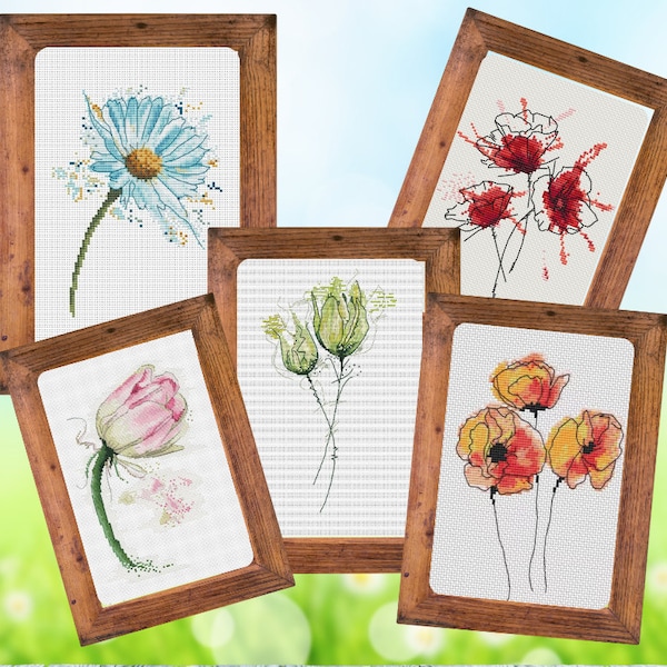 Bundle Flowers Cross Stitch Pattern, tulips, poppies, daisies wild flowers cross stitch, instant download pdf