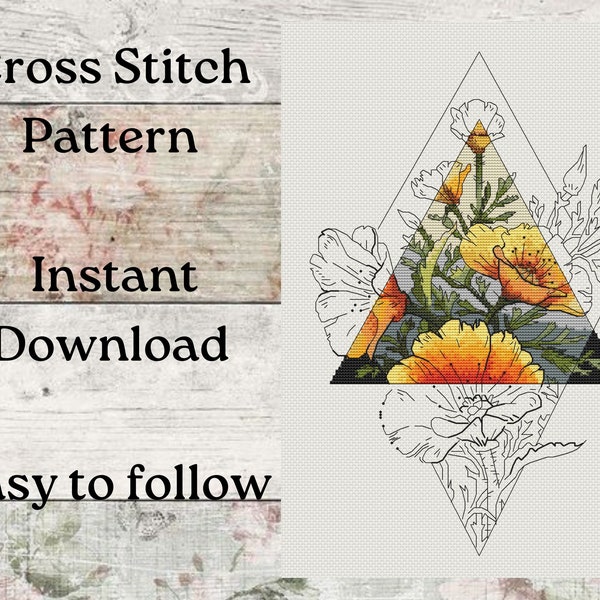 Poppy Drama Cross Stitch Pattern, yellow poppy flowers cross stitch Instant download pdf pattern