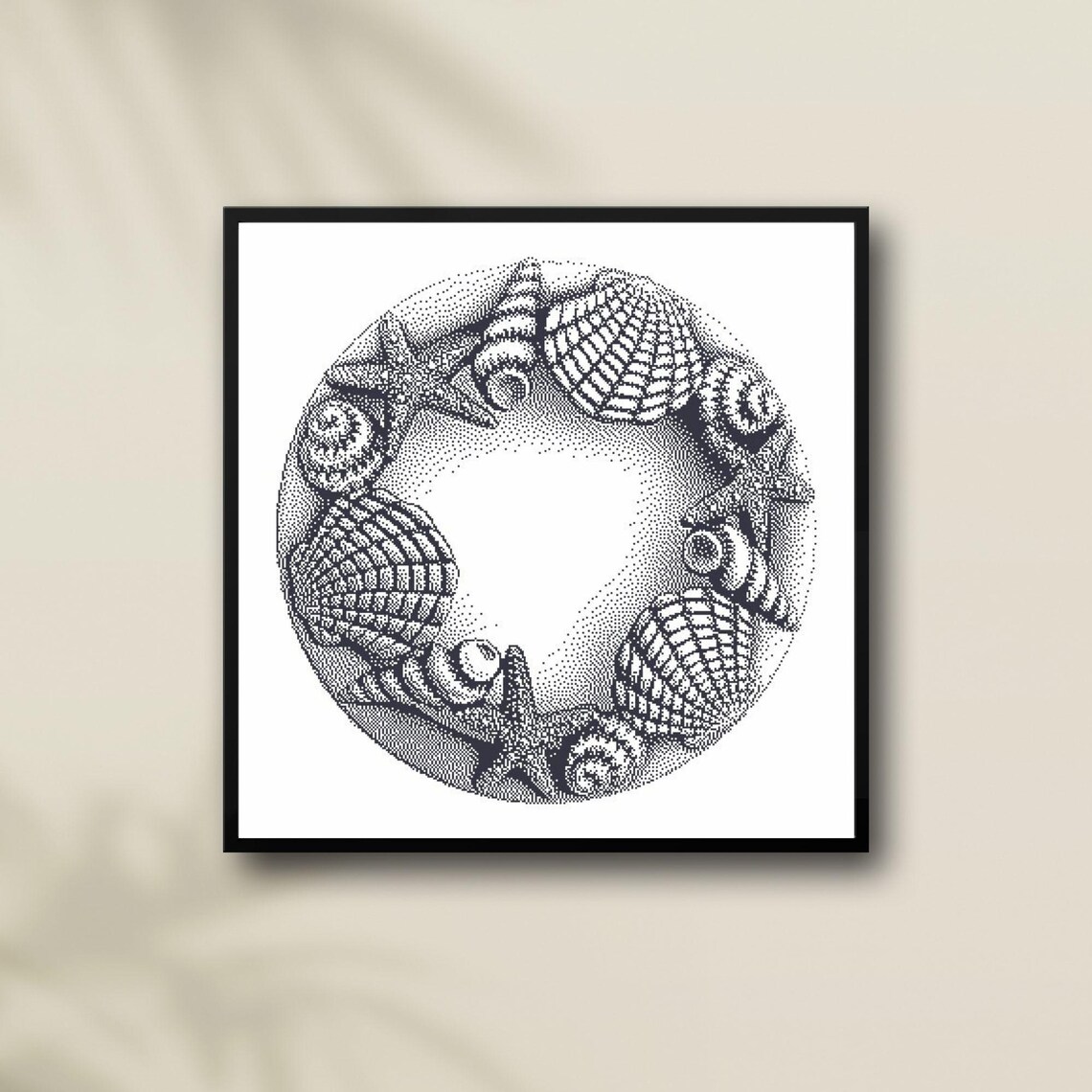 Seashell Wreath Monochrome Cross Stitch Pattern PDF Modern Blackwork ...