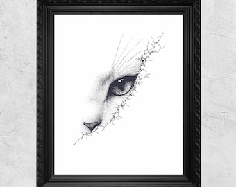 May include: Black framed art print featuring a detailed, pointillism-style illustration of a cat's eye and nose. The artwork is predominantly black and white, with a textured, cracked effect on the right side.