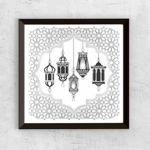 May include: Black and white framed print featuring five ornate lanterns suspended within a decorative frame. The lanterns are intricately detailed with geometric patterns, and the frame has a repeating star design.