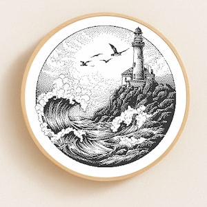 Korsstygnsmönster Sea Guardian i PDF-format | Fyr och havsvågor | Monokrom svartvitt design | Korsstygnsdiagram för nedladdning