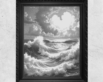 Heart of the Sea Monochrome Cross Stitch Design One Color Pattern Digital PDF Instant Download