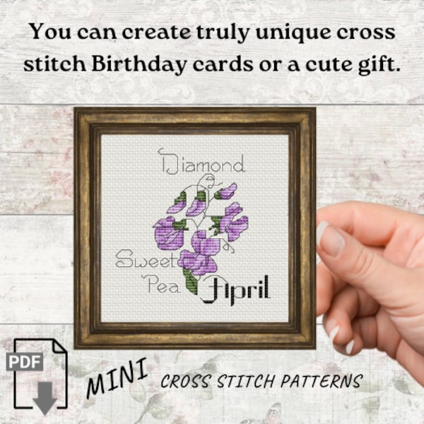 Mini Birth flower Cross Stitch Pattern, Diamond Sweet pea April cross stitch pdf pattern