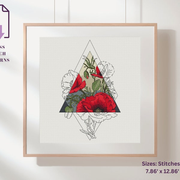 Red Poppies impression Cross Stitch Pattern, flowers digital cross stitch pattern pdf