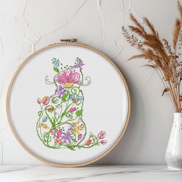 Chat, fleurs, point de croix, fleurs sauvages, aquarelle, point de croix, modèle, PDF, téléchargement immédiat