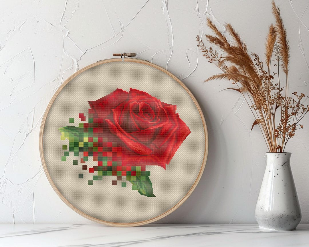 Rose X Pattern Red Pixel Rose Cross Stitch Pattern, Garden Pdf Pattern, Plants, Modern ...
