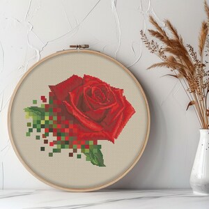 Rode pixelroos kruissteekpatroon, pdf-tuinpatroon, planten, moderne kruissteek, pdf direct downloaden