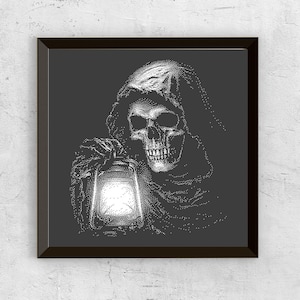 May include: Black and white dot art print of a hooded figure holding a lantern. The figure's skull is visible, and the lantern emits a bright light. The artwork is framed in a black border.