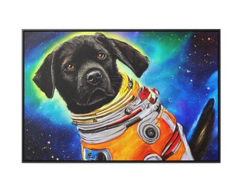 Pioneering Black Lab Astronaut Puppy Wearing Orange Space Suit Exploring Stellar Void Framed Canvas Wall Art
