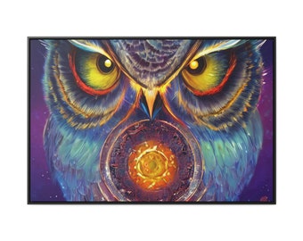 Vigilant Trippy Dream Owl Glowing Topaz Heart Close Angle Portrait Guarding Gates Third Eye Stare Framed Canvas Wall Wrap