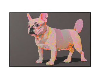 Pink Polkadot Neon Party Frenchie Prepping Paint Night Rave Big City Spotlight Dancing Disco Framed Canvas Wall Decor