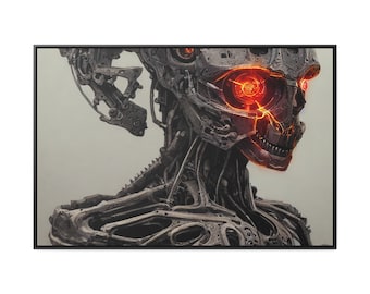 Crazed Malfunctioning Evil Robotic Automaton Menacing Shocking Red Electrical Currents Glowing Eye Canvas Wall Decor