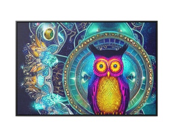 Psychedelic Portrait Neon Crystal Gemstone Time-Lord Owl Ruling Atop Flower Clock Throne Canvas Wrap Wall Decor