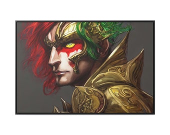 Fantasy Portrait Elven Monk Prince Golden Ornate Battle Armor Dragon Eye Flame Hair Framed Canvas Wall Art