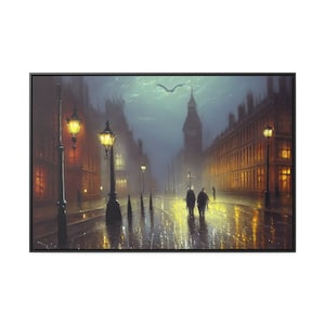 Gothic Horror Big Ben Old London Midnight in the Spooky Fog Parliament Westminster Along River Thames Framed Canvas Wrap