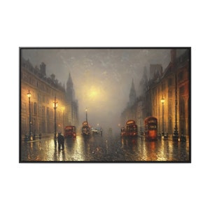 Old London Gothic Horror Rainy Road in the Evening Gas Lamp Lit Iconic Red Buses Canvas Wall Decor