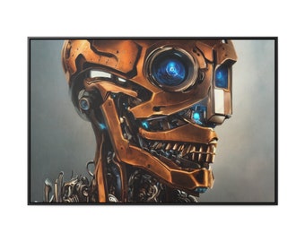 Bronze Robot Glowing Blue Eyed Power Core Portrait Activating Self Aware Cybernetic Android Framed Canvas Wall Art