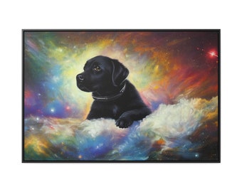 Angelic Astro Dog Black Lab Floating In Heavenly Elysium On Gaseous Rainbow Nebula Framed Canvas Wall Art