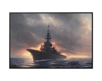 Foreboding Frigate Resting Silent Sea Surrounded Sunset Silhouette Aura Firey Glow Framed Canvas Wrap Art