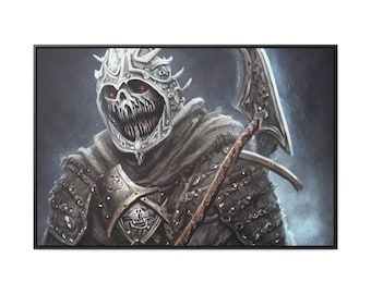 Stealthy Skeleton Warrior Stalking Frozen Blizzard Glowing Malevolent Eyes Cursed Doomed Sword  Framed Canvas Wall Art