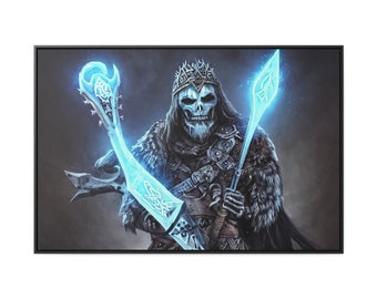 Skeleton King Stalking Snowstorm Glowing Blue Ice Axe Sword Dual Wielding Undead Zombie Corpse Canvas Wall Decor