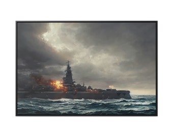 Burning Battleship Engaged in Naval Combat World War 2 Firefight Sea Storm Framed Canvas Wall Art