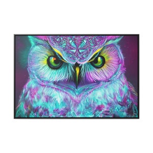 Glowing Green Emerald Eyed Owl Portrait Swirling Purple Mists Vigilant Watcher Psychedelic Neon Canvas Wall Art