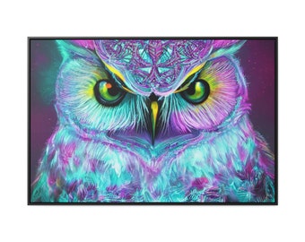 Glowing Green Emerald Eyed Owl Portrait Swirling Purple Mists Vigilant Watcher Psychedelic Neon Canvas Wall Art