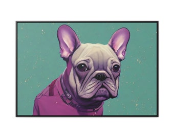 Royal Purple Imperial Frenchie Bulldog Regal Neon Vibrant Big Round Eyes Tall Ears Canvas Wrap Wall Art