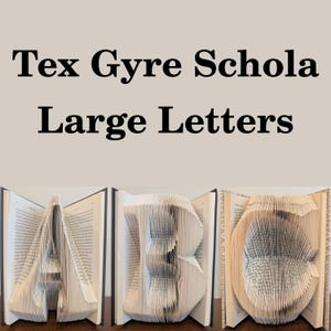 May include: Three open books with pages folded to form the letters A, B, and C. The text "Tex Gyre Schola Large Letters" is displayed above the books in black font against a light beige background. The books are on a wooden surface.