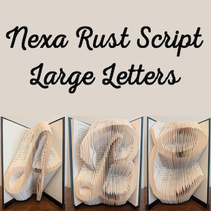 May include: Three open books with pages folded to form the letters "A", "B", and "S". The text "Nexa Rust Script Large Letters" is written in black script above the books. The books are on a brown surface.