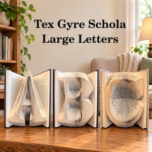 May include: Three books folded into the shapes of the letters A, B, and C. The pages are precisely creased to form the three-dimensional characters. The text Tex Gyre Schola Large Letters is displayed above the books on a plain wall background.