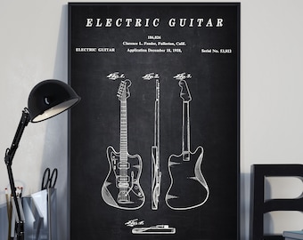 Impresión de patentes de guitarra eléctrica - Arte científico de la pared ? Pizarra - Vintage- Plano - Descarga digital