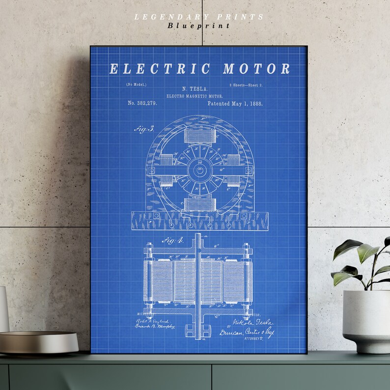 Puede incluir: Un plano del motor el&eacute;ctrico patentado por Nikola Tesla, No. 382,279, fechado el 1 de mayo de 1888. El plano est&aacute; sobre un fondo azul con l&iacute;neas y texto blancos. La patente muestra dos diagramas del motor, uno con una vista lateral y otro con una vista superior.