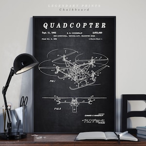 Könnte beinhalten: Schwarzweißillustration einer Quadrocopter-Patentzeichnung auf einem Kreidetafelhintergrund. Die Patentnummer lautet 3.053.480 und der Erfinder ist E.G. Vanderlip. Die Zeichnung zeigt einen Quadrocopter mit vier Rotoren und einem zentralen Körper. Der Text "QUADCOPTER" befindet sich oben auf der Zeichnung.