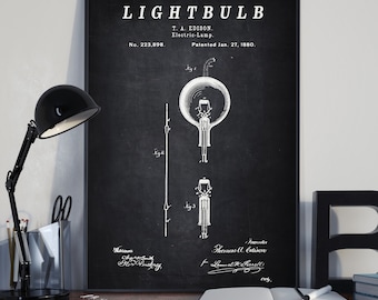 Incandescente bulbo patente impresión - Arte de pared científica / Pizarra - Vintage- Plano / Descarga digital