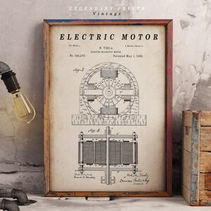 Puede incluir: Dibujo de patente vintage en blanco y negro del motor el&eacute;ctrico de Nikola Tesla, n&uacute;mero de patente 382.279, patentado el 1 de mayo de 1888. El dibujo muestra un diagrama detallado del funcionamiento interno del motor.