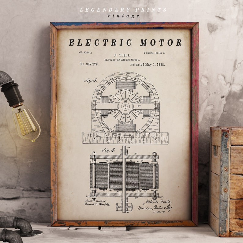 Puede incluir: Dibujo de patente vintage en blanco y negro del motor el&eacute;ctrico de Nikola Tesla, n&uacute;mero de patente 382.279, patentado el 1 de mayo de 1888. El dibujo muestra un diagrama detallado del funcionamiento interno del motor.