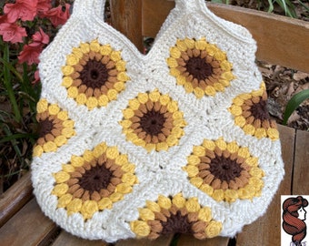 Crochet Sunflower Granny Square Cotton Tote Bag - Handmade Shoulder Bag