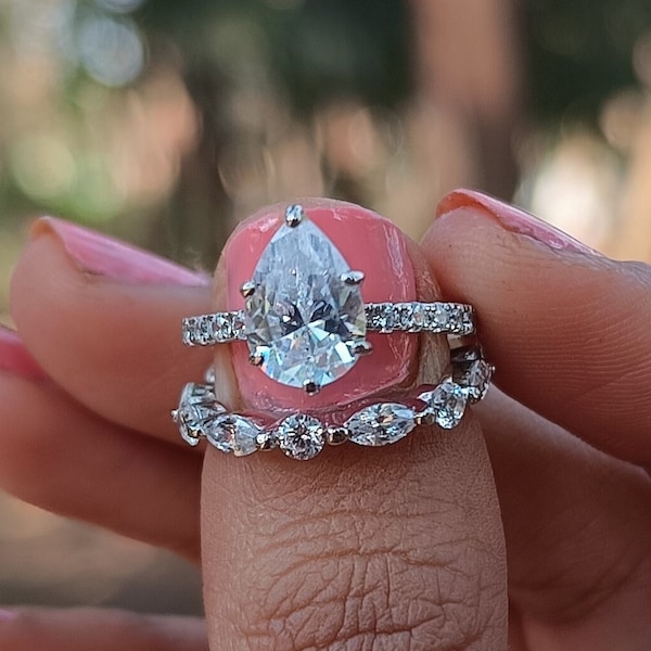 Anillo de compromiso en forma de lágrima de 2,30 quilates con banda alternada, anillo de plata esterlina para mujer, anillo de aniversario de bodas con piedra en forma de pera de 6 puntas