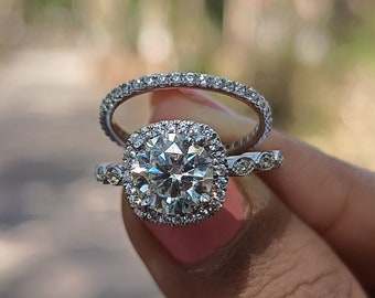 Runde klassische 2 Stück Halo Art Deco Hochzeit Set, volle Ewigkeit Verlobungsring Band, Brautring, Ring Fassung, Sterling Silber