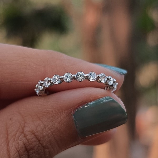 Full Eternity Band 2MM Round Cut CZ Diamond Wedding Band, Stacking Band, Daily Wear Band, 925 Silver Ring , Unique Bubble Prong Diamond Band