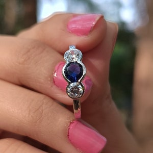Blue Sapphire Three Stone Ring, Sterling Silver Sapphire Ring, Three Stone Engagement Ring, Promise Ring, Anniversary Ring Gift For Her